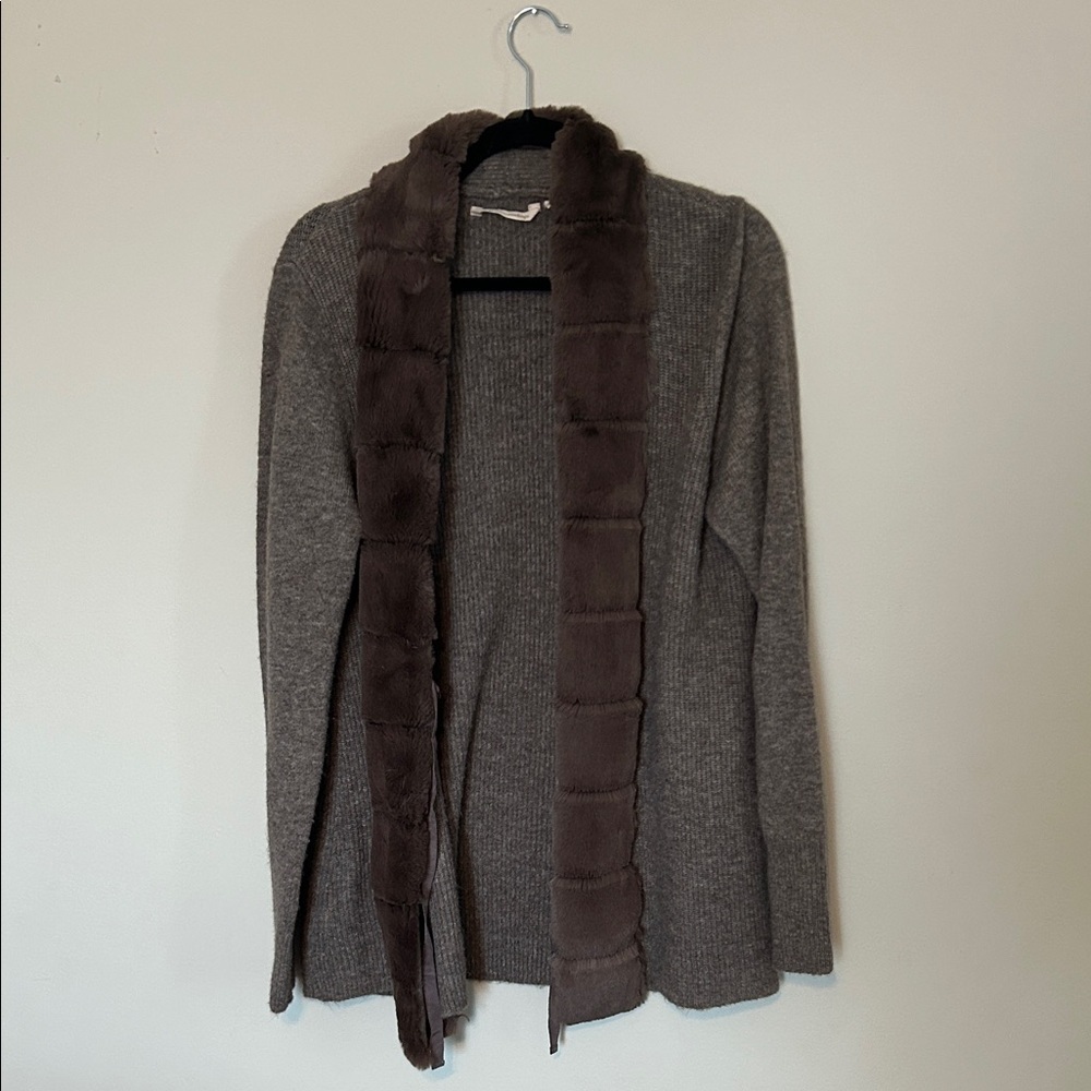 Soft Surroundings Taupe Cardigan with Brown Faux Fur Trim